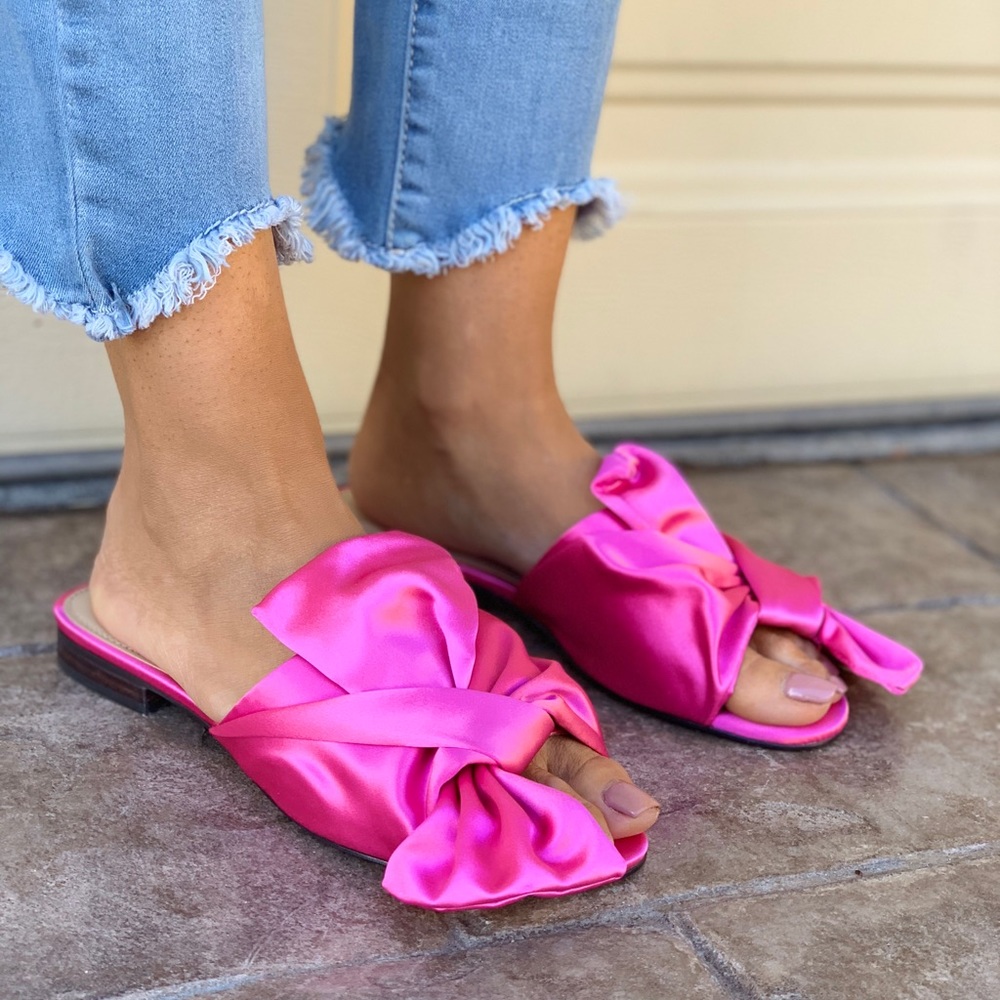 Barbie Pink Satin Oversized Bow Slip On Mule Slide - Picture 3 of 6
